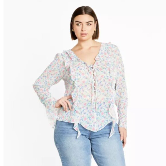 New City Chic size 22 Multi Color Floral Lidia Ruffle Print Top Feminine Boho - Picture 1 of 12